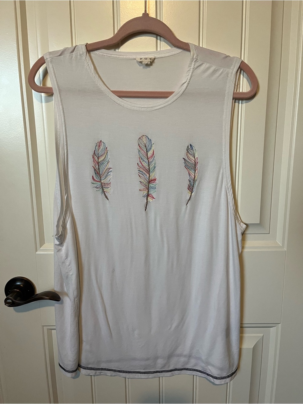 POL White Muscle Tank with Multicolored Feather Motif